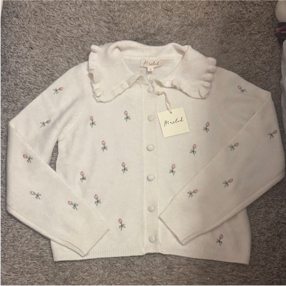 Anthropologie Cream Cardigan with Floral Embroidery NWT